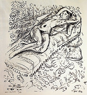 EXTREMELY RARE ORIGINAL LITHOGRAPH BY ARTIST HENRI: LITHOGRAPH IN THE MANNER OF HENRI MATISSE, BEARING THE SIGNATURE IN A LIMITED EDITION TITLED "NU COUCHE, FOND MOUCHARABI", CIRCA 1922. Matisse’s discovery of his true profession came about in an unu