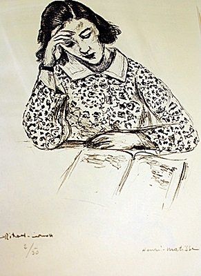 EXTREMELY RARE ORIGINAL LITHOGRAPH BY ARTIST HENRI: LITHOGRAPH IN THE MANNER OF HENRI MATISSE, BEARING THE SIGNATURE IN A LIMITED EDITION TITLED "PETITE LISEUSE", CIRCA 1923. Matisse’s discovery of his true profession came about in an unusual manner.