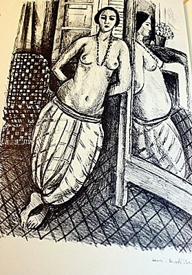 EXTREMELY RARE ORIGINAL LITHOGRAPH BY ARTIST HENRI: LITHOGRAPH IN THE MANNER OF HENRI MATISSE, BEARING THE SIGNATURE IN A LIMITED EDITION TITLED "ODALISQUE, CULOTTE RAYEE, PROFIL REFLETE DANS LA GLACE", CIRCA 1923. Matisse’s discovery of his true pro