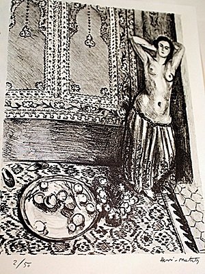 EXTREMELY RARE ORIGINAL LITHOGRAPH BY ARTIST HENRI: LITHOGRAPH IN THE MANNER OF HENRI MATISSE, BEARING THE SIGNATURE IN A LIMITED EDITION TITLED "ODALISQUE DEBOUT ET PLATEAU DE FRUITS", CIRCA 1924. Matisse’s discovery of his true profession came abou