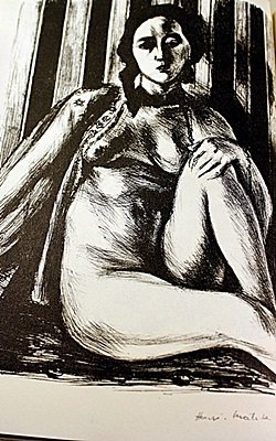 EXTREMELY RARE ORIGINAL LITHOGRAPH BY ARTIST HENRI: LITHOGRAPH IN THE MANNER OF HENRI MATISSE, BEARING THE SIGNATURE IN A LIMITED EDITION TITLED "NU ASSIS A LA CHEMISE DE TULLE", CIRCA 1925. Matisse’s discovery of his true profession came about in an