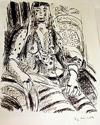 EXTREMELY RARE ORIGINAL LITHOGRAPH BY ARTIST HENRI: LITHOGRAPH IN THE MANNER OF HENRI MATISSE, BEARING THE SIGNATURE IN A LIMITED EDITION TITLED "ODALISQUE AU VISAGE VOILE", CIRCA 1925. Matisse’s discovery of his true profession came about in an unus