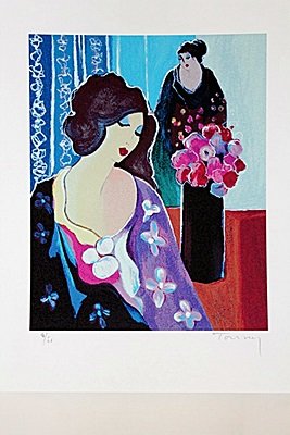 "Quiet Reflection" By Artist Tarkay.: Lithograph By Artist Itzchak tarkay. in the manner of Itzchak Tarkay was born in 1935 in Subotica on the Yugoslav Hungarian border. When he was only nine years old, the Nazis sent Tarkay to Mathausen 