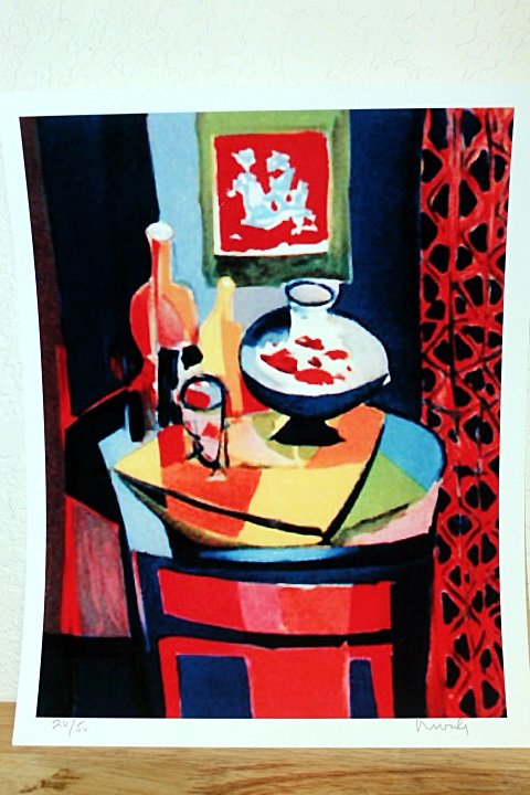"Dinner" By Mouly.: Unique Lithgraph In The Manner Of Marcel Mouly. Marcel Mouly, born in Paris in 1918, is heavily influenced by the work of Picasso, Matisse, and Braque. He studied painting at the French Academies and