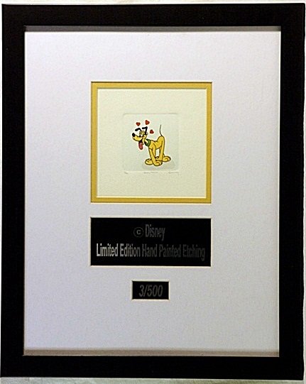 Licenced Disney Etchings Pluto: Licenced Disney Etchings "Pluto" hand colored, Limited Edition, comes in Beautiful custom matt & frame, approx dimension 14"x18".