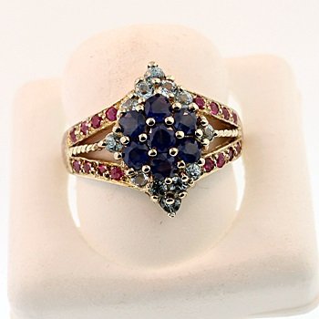 SILVER RING WITH RUBY, SAPPHIRE AND BLUE ZIRCON: Stone : RUBY Metal : SILVER Cts: 0.25 Finish : VERMEIL shape : RD Gmwt: 4.30 color : RED Size: 7, Stone: SAPPHIRE cts: 0.70, Stone: BLUE ZIRCON cts: 0.25