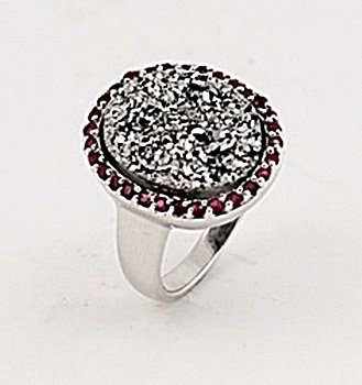 SILVER RING WITH DRUSY AND RUBY: Stone : DRUSY Metal : SILVER MM: 12X16 Finish : POLISHED shape : OVAL Gmwt: 5.00 color : BLACK ...