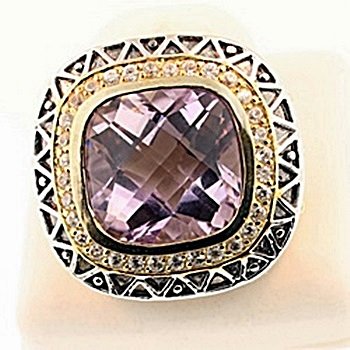 SILVER RING WITH AMETHYST CHECKER TOP: Stone : AMETHYST Metal : SILVER Cts: 15.00 Finish : POLISHED shape : CHECKER Gmwt: 18.30 color : PURPLE, Size: 5 Stone: WHITE ZIRCON Cts: 0.30