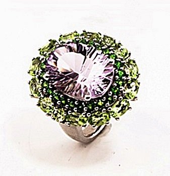 SILVER RING WITH AMETHYST, CHROME DIOPSIDE AND PERIDOT: Stone : AMETHYST, CHROME DIOPSIDE AND PERIDOT Metal : SILVER Cts: 9.00 Finish : POLISHED shape : RD & OVAL Gmwt: 10.00 color: PURPLE AND GREEN size: 7