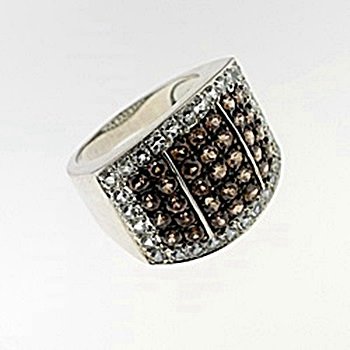 SILVER RING WITH CHOCOLATE ZIRCON AND WHITE ZIRCON: Stone : CHOCOLATE ZIRCON Metal : SILVER Cts: 1.50 Finish : POLISHED shape : RD Gmwt: 9.00 color CHOCOLATE Size:8 Stone: WHITE ZIRCON Cts: 0.75