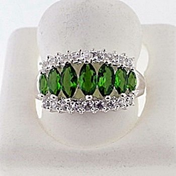 SILVER RING WITH CHROME DIOPSIDE AND WHITE TOPAZ: Stone : CHROME DIOPSIDE Metal : SILVER Cts: 1.00 Finish : POLISHED shape : MQ Gmwt: 3.50 color: GREEN Size: 6.5 Stone: WHITE TOPAZ Cts:0.20