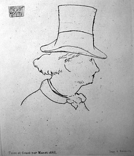 Profile of Beaudelaire Limited Edition-by Manet: Limited Edition Posthumous Etching Edouard Manet was born on January 23, 1832, in Paris. While studying with Thomas Couture from 1850 to 1856, he drew at the Académie Suisse and copied the Old Master