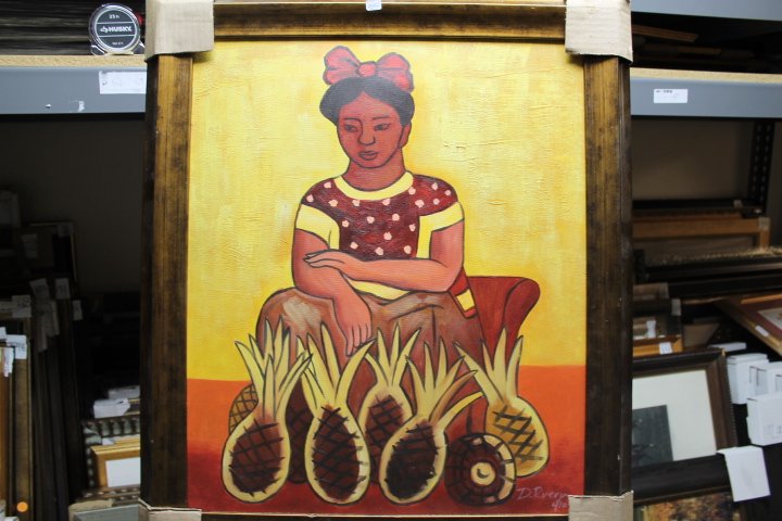 Framed Diego Rivera-Vendedora de pinas (76EO): Framed Attributed to Diego Rivera-Vendedora de pinas Signed Limited Edition oil on canvas approx.29"x25" Rivera was a prominent Mexican painter and the husband of Frida Kahlo. His large wall works in 