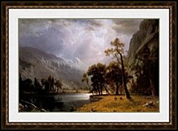 HALF DOME, YOSEMITE VALLEY BY ALBERT BIERSTADT: LITHOGRAPH, IMAGE SIZE; 36X24", FRAMED: 46 1/16X34 1/16"ALL ITEMS COME UNFRAMED, FRAMING AVAILABLE AT ADDITIONAL COST.