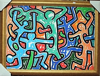 Framed Keith Haring-Untitled (23FO): Framed Attributed to Keith Haring-Untitled 1989 approx. 23"x30" Haring was an artist and social activist whose work responded to the New York City street culture of the 1980s by expressing concepts of