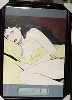 Framed Patrick Nagel-Yellow Blanket (24FO): Framed Patrick Nagel-Yellow Blanket approx. 40"x28" His minimalist style defined an era with cool, seductive women that became the most iconic of any single generation. His elegant graphic work and hi