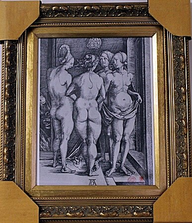 Framed Albrecht Dürer-The Four Witches Engraving: Attributed to Albrecht Dürer, Framed The Four Witches Engraving, This Engraving is an example of the ambiguous meaning of those Dürer's works that combine the heathen and classical with the Renaissa