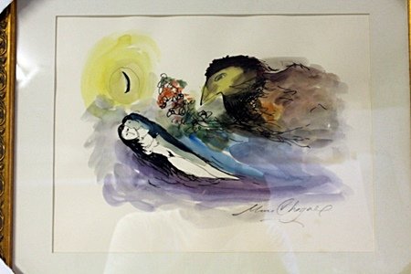Framed Water Color- Chagall: Framed Water Color- Attributed to Chagall, Marc Zaharovich Chagall was a Belorussian-born French artist. Art critic Robert Hughes referred to Chagall as "the quintessential Jewish artist of the twenti