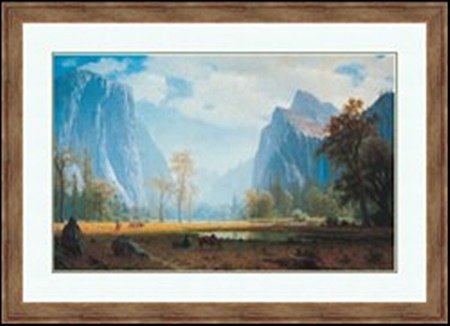 LOOKING UP THE YOSEMITE VALLEY BY ALBERT BIERSTADT: LITHOGRAPH, IMAGE SIZE: 35X22 1/4", FRAMED; 46 1/8X33 3/8"ALL ITEMS COME UNFRAMED, FRAMING AVAILABLE AT ADDITIONAL COST.
