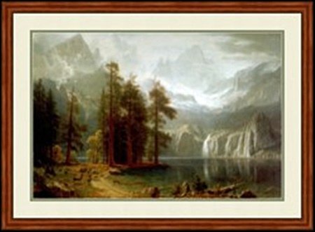 SIERRA NEVADA IN CALIFORNIA BY ALBERT BIERSTADT: LITHOGRAPH, IMAGE SIZE; 36X24", FRAMED: 45 3/4X33 3/4"ALL ITEMS COME UNFRAMED, FRAMING AVAILABLE AT ADDITIONAL COST.
