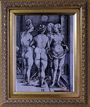 Framed Albrecht Dürer-The Four Witches Engraving: Attributed to Albrecht Dürer, Framed The Four Witches Engraving, This Engraving is an example of the ambiguous meaning of those Dürer's works that combine the heathen and classical with the Renaissa