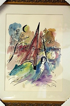 Framed Water Color- Chagall: Framed Water Color- Attributed to Chagall, Marc Zaharovich Chagall was a Belorussian-born French artist. Art critic Robert Hughes referred to Chagall as "the quintessential Jewish artist of the twenti