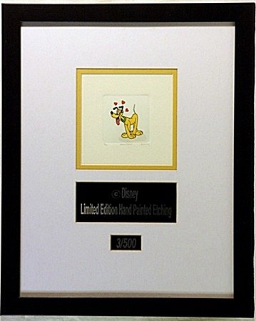 Licenced Disney Etchings Pluto: Licenced Disney Etchings "Pluto" hand colored, Limited Edition, comes in Beautiful custom matt & frame, approx dimension 14"x18".