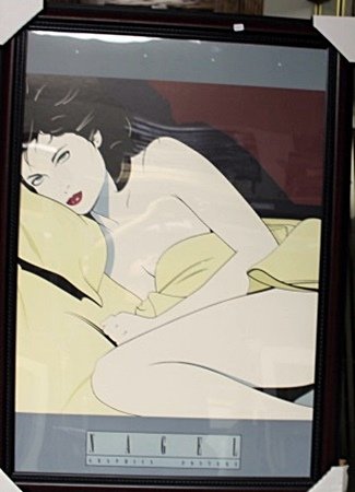 Framed Patrick Nagel-Yellow Blanket (24FO): Framed Patrick Nagel-Yellow Blanket approx. 40"x28" His minimalist style defined an era with cool, seductive women that became the most iconic of any single generation. His elegant graphic work and hi