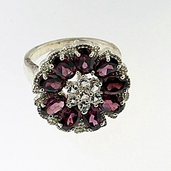 SILVER RING WITH RHODOLITE AND WHITE ZIRCON: Stone : RHODOLITE Metal : SILVER Cts: 4.50 Finish : POLISHED shape : OVAL Gmwt: 6.50 color:PURPLE Size: 8, Stone: WHITE ZIRCON, CTS: 0.25