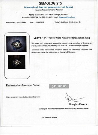 Lady's 14KT Yellow Gold Alexandrite/Sapphire Ring: This lady's yellow gold alexandrite/sapphire ring comprised of 4 prongs set oval cut alexandrite surrounded by half bezel set 2 round cut orange sapphires. Estimated center alexandrite's weight is 1.6