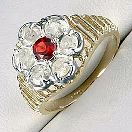 Lady's 10K Yellow Gold Garnet/ Diamond Ring: This lady's 10k yellow gold diamond/ garnet ring is comprised of 4 prongs set round cut 1 garnet surrounded by 6 round brilliant cut diamonds. Total estimated garnet's weight is .35ct., and the weight