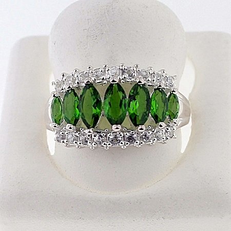 SILVER RING WITH CHROME DIOPSIDE AND WHITE TOPAZ: Stone : CHROME DIOPSIDE Metal : SILVER Cts: 1.00 Finish : POLISHED shape : MQ Gmwt: 3.50 color: GREEN Size: 6.5 Stone: WHITE TOPAZ Cts:0.20