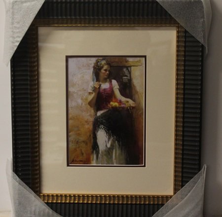 "The Flower Basket" by Pino Daeni: Framed Lithograph, Signed by the artist, Approximately 20 x 17 In.
