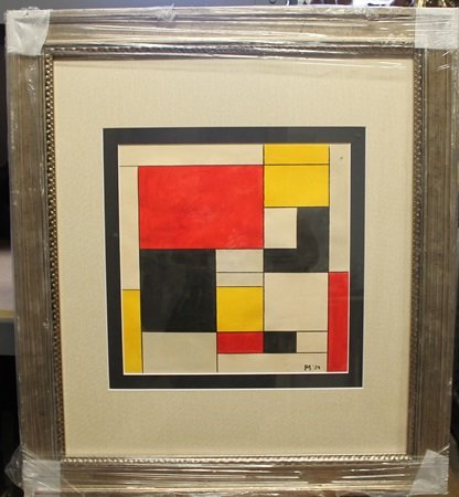 "Sketch for Compositition" By Piet Mondrian: Framed, Original Art, Mixed Media on Canvas, Signed by the artist, Approximately 24 x 26 In.