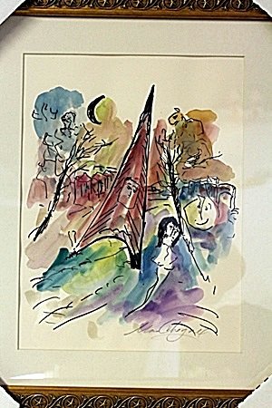 Framed Water Color- Chagall (275E-EK): Framed Water Color- By Chagall, Marc Zaharovich Chagall was a Belorussian-born French artist. Art critic Robert Hughes referred to Chagall as "the quintessential Jewish artist of the twentieth century