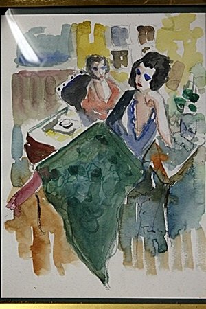 "AT THE LOUNGE" BY ITZCHAK TARKAY: "AT THE LOUNGE" By ITZCHAK TARKAY, ORIGINAL WATWER COLOR, IMAGE SIZE: 9.5X13, FRAMED SIZE: 15X18. ALL ITEMS COME UNFRAMED HOWEVER FRAMING IS AVAILABLE AT ADDITIONAL COST. IN THE MANNER OF ITZCHAK TARK