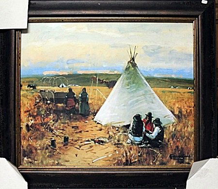 Framed By William Gaul-The Pow-Wow (7FO): Framed William Gilbert Gaul-The Pow-Wow Giclee on canvas approx. 27"x30" Gaul military and historical painter and illustrator. Comes with coa