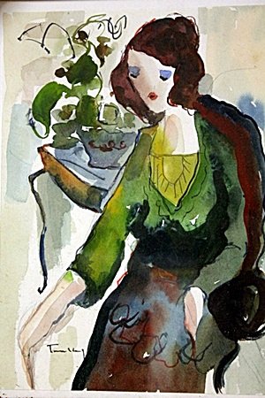 "REBECCA" BY ITZCHAK TARKAY: "REBECCA" By ITZCHAK TARKAY, HAND SIGNED ORIGINAL WATERCOLOR, IMAGE SIZE: 9.5X12.5, FRAMED: 15.5X18. ALL ITEMS COME UNFRAMED HOWEVER FRAMING IS AVAILABLE AT ADDITIONAL COST. IN THE MANNER OF ITZCHAK T