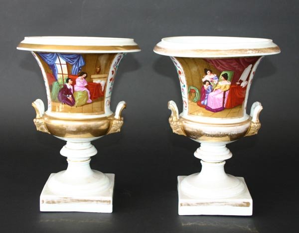 Pair 19th C Hand Painted Old Paris Urns. 11"h x 8"d