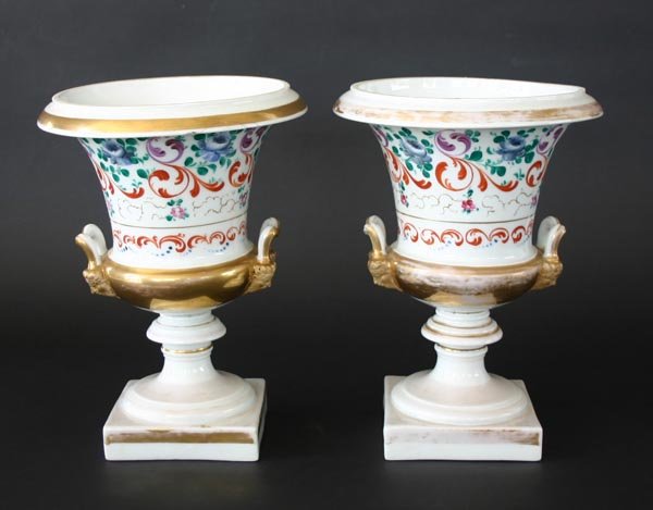 Pair 19th C Hand Painted Old Paris Urns. 11"h x 8"d - 2