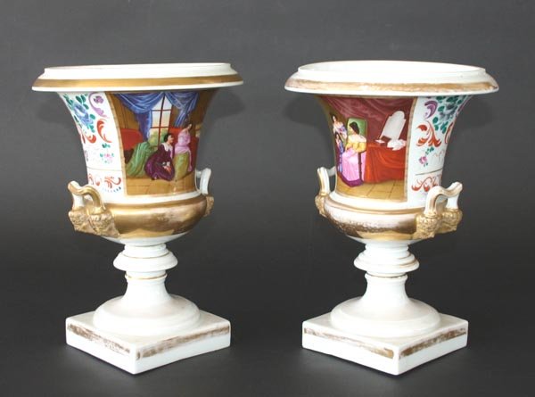 Pair 19th C Hand Painted Old Paris Urns. 11"h x 8"d - 3
