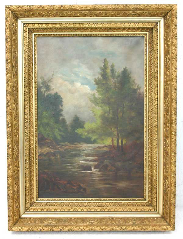 Signed David Johnson American Landscape Painting: Signed David Johnson (1827-1908) "Forest Landscape with River" - 19th Century oil on canvas by well listed AMERICAN artist (Davenport's, Art Price, etc.) Auction Sales for similar sized or smaller pai