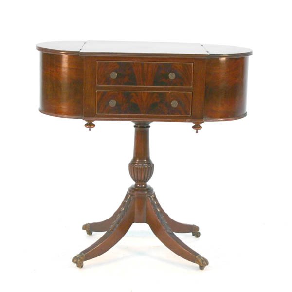 Period American Mahogany Sewing Table. Circa 1810: Period American Mahogany Sewing Table in the Manner of Duncan Phyfe. Circa 1810. 29"h x 29"w x 16"d.