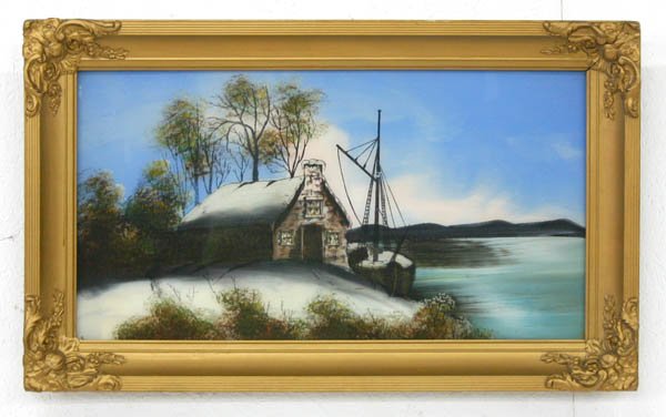Reverse Painted Landscape on Glass of Seaside