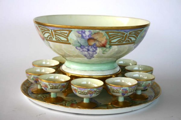 Rare Limoges Art Nouveau Porcelain Punch Bowl Set