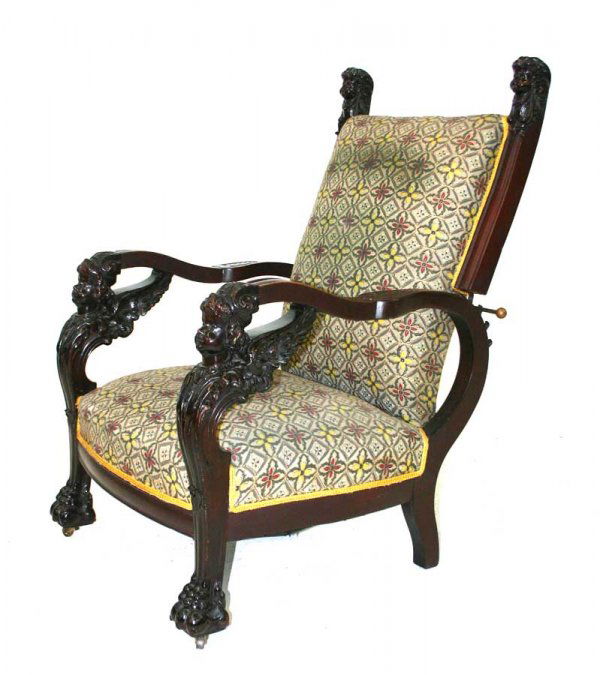 Exceptional & Rare RJ Horner Mahogany Winged Cherub: Exceptional & Rare RJ Horner Mahogany Winged Cherub Carved Morris Chair. Circa 1890. 45"h x 29"w x 33"d