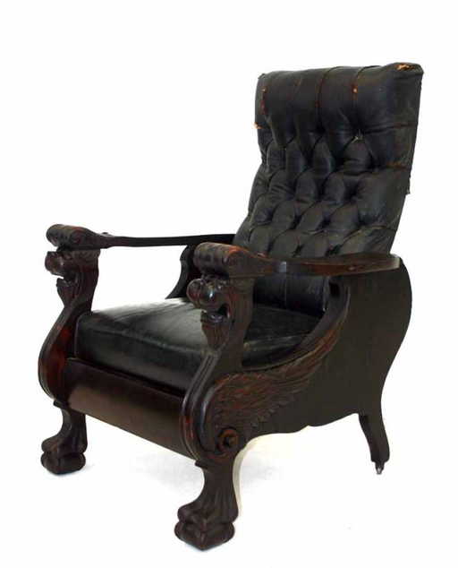 33: Antique Carved Winged Griffin Mahogany Morris Chair - 33: Antique Carved Winged Griffin Mahogany Morris Chair