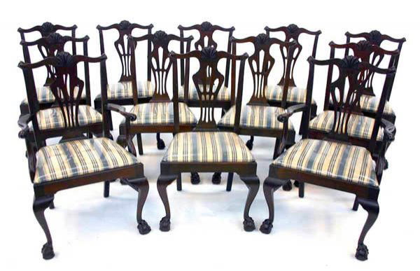 057A: 12-Antique Chippendale Mahogany Dining Chairs wit: 12-Antique Chippendale Mahogany Dining Chairs with Shell Carved Crests on Ball & Claw Feet. c 1900