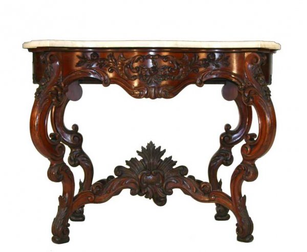 Fabulous Victorian Mahogany Rococo Carved Marble T: Fabulous Victorian Mahogany Rococo Carved Marble Top Console Table with Serpentine Shaped Front & Sides above Floral Carved Cabriole Legs and Stretcher Base. c. 1850. 37"h x 51"w x 23"d