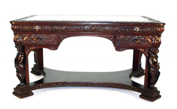 Rare RJ Horner Figural Carved Mahogany Partners De: Rare RJ Horner Figural Carved Mahogany Partners Desk. Each Corner Having Full Carved Figures of a Teacher, Soldier, Farmer & Factory Worker above Acanthus Carved Drawers & Top in Original Finish. c 18